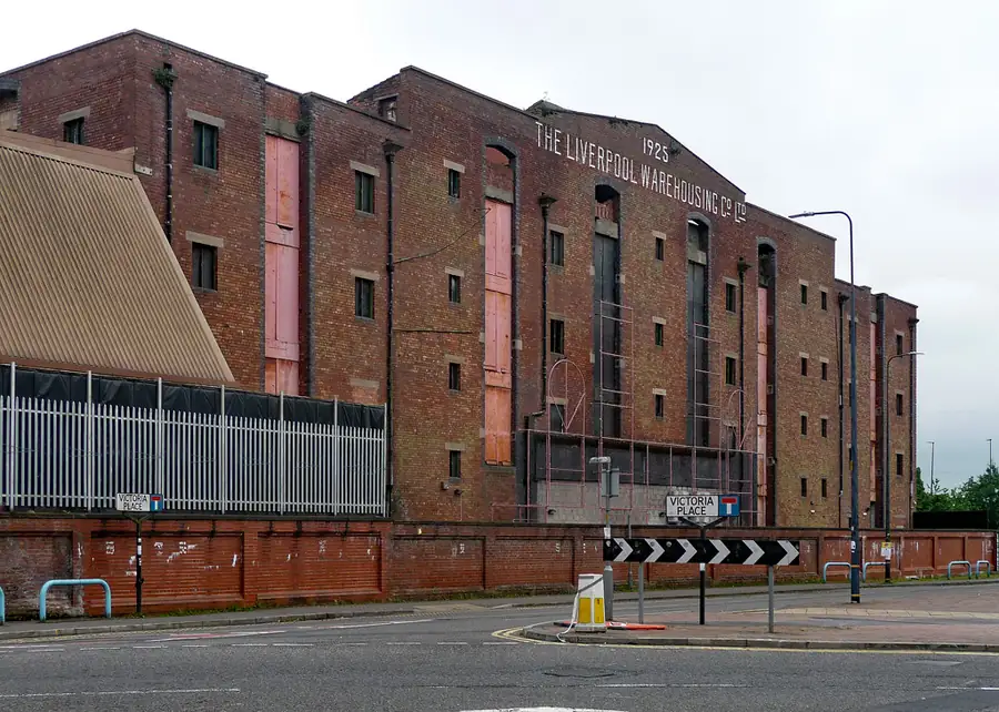 Multi-storey 1920s red-brick Liverpool Warehousing Co warehouse in Trafford Park